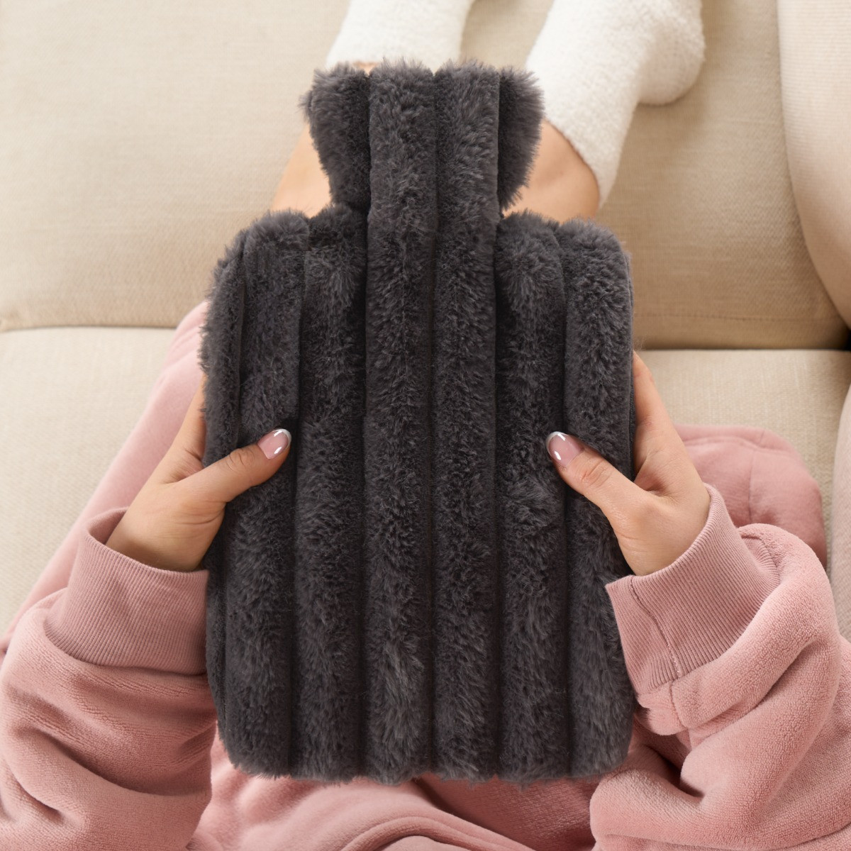 OHS Faux Fur Bubble Rib Hot Water Bottle - Charcoal >