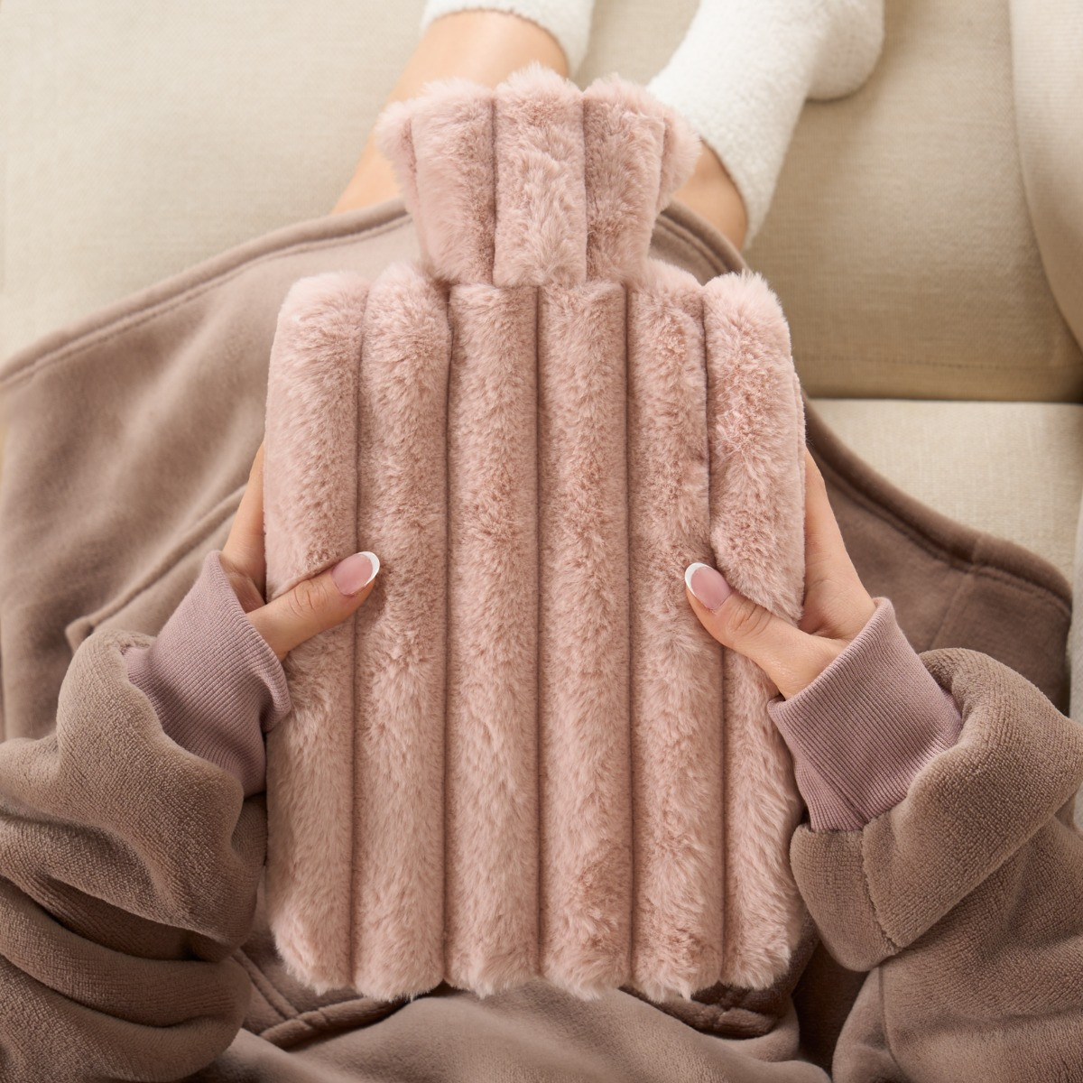 OHS Faux Fur Bubble Rib Hot Water Bottle - Blush>