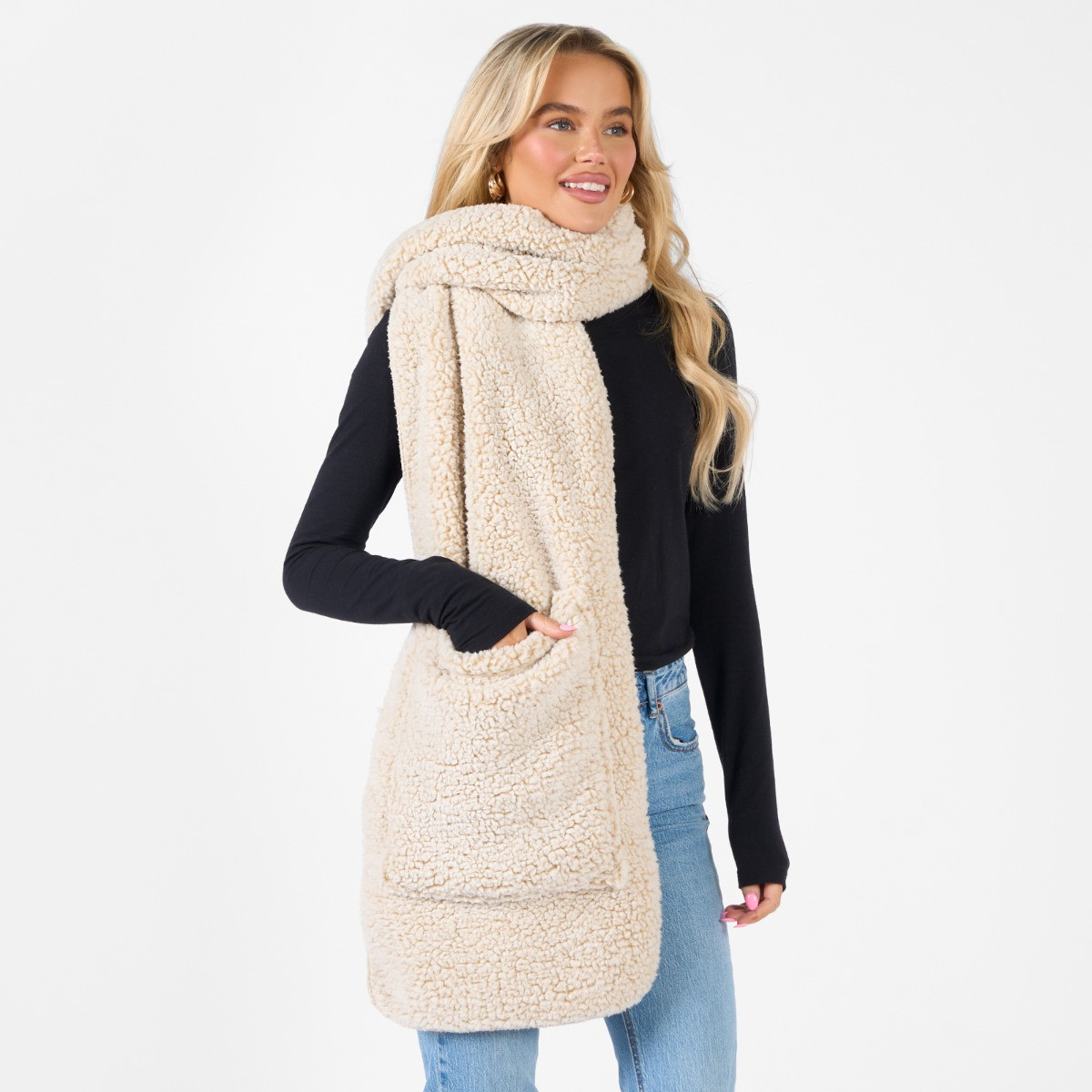 OHS Teddy Marl Pocket Scarf - Beige >