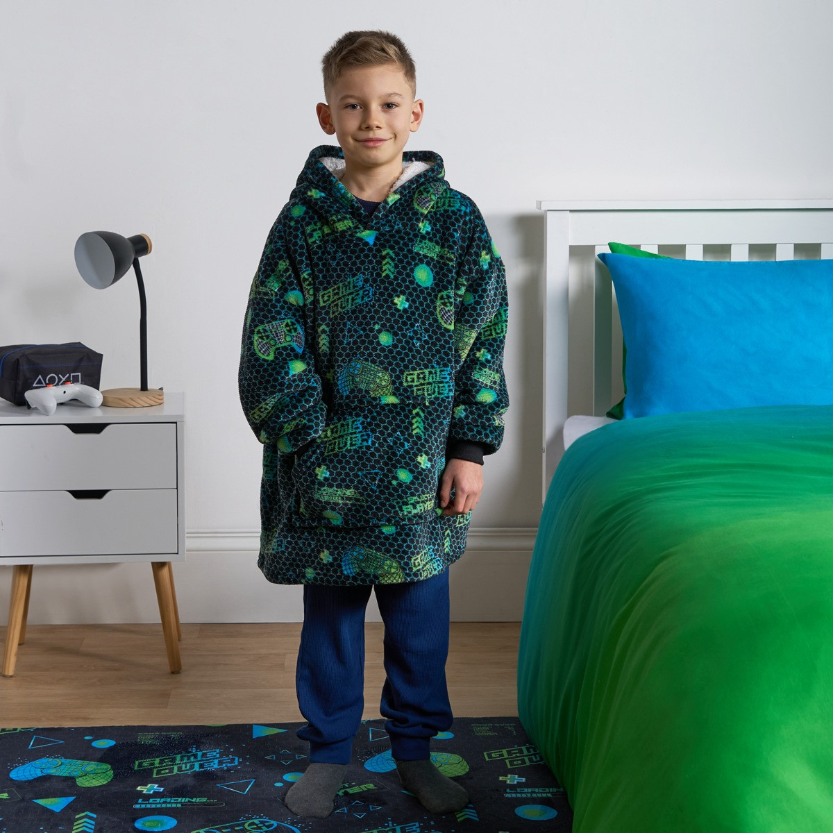 OHS Kids Neon Gaming Hoodie Blanket - Green/Blue>