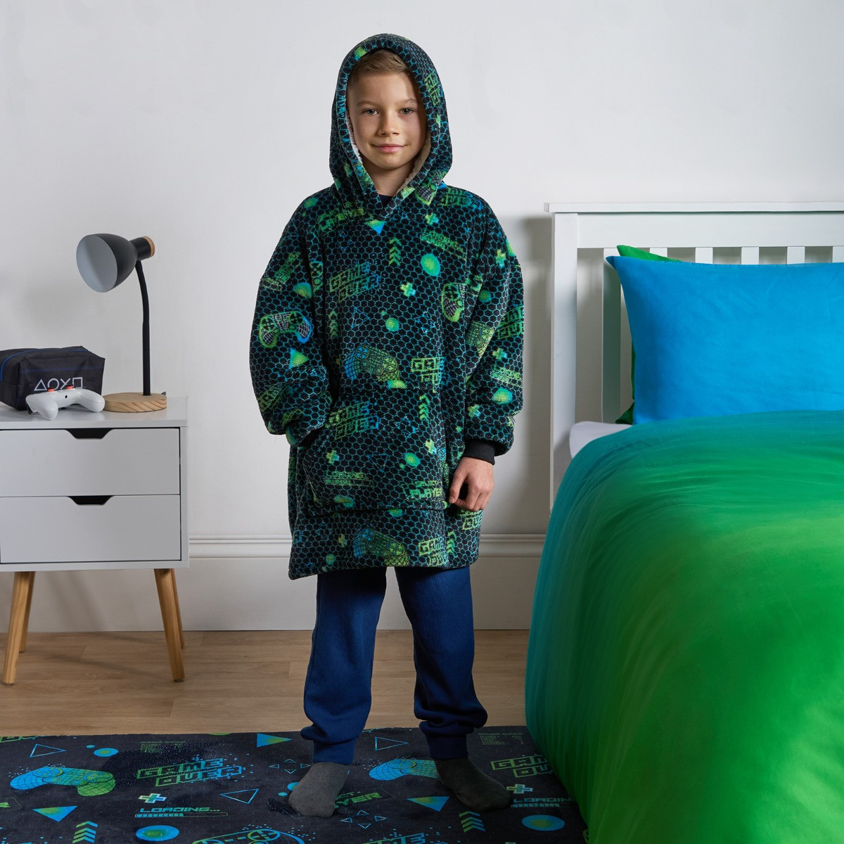 OHS Kids Neon Gaming Hoodie Blanket - Green/Blue>