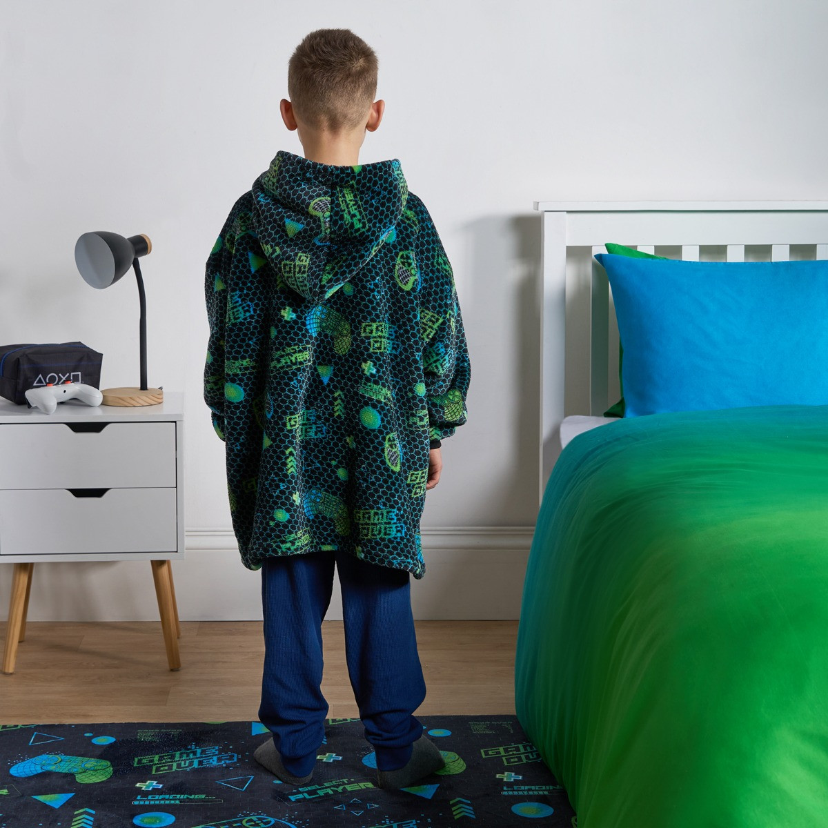 OHS Kids Neon Gaming Hoodie Blanket - Green/Blue>