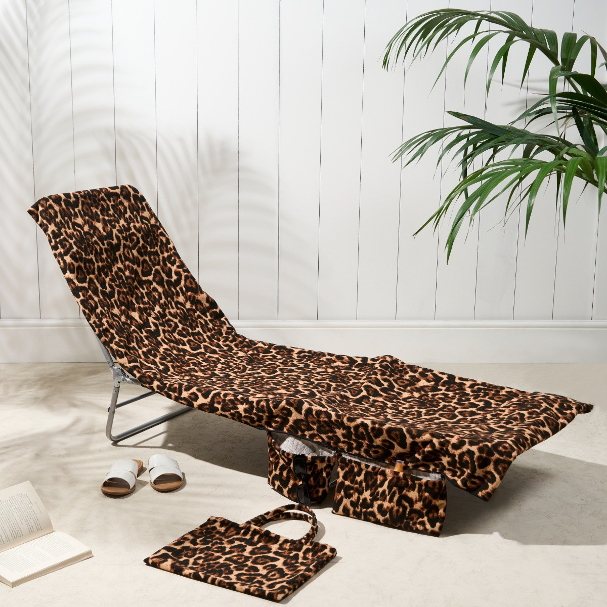 OHS Leopard Print Beach Towel in a Bag - Natural>