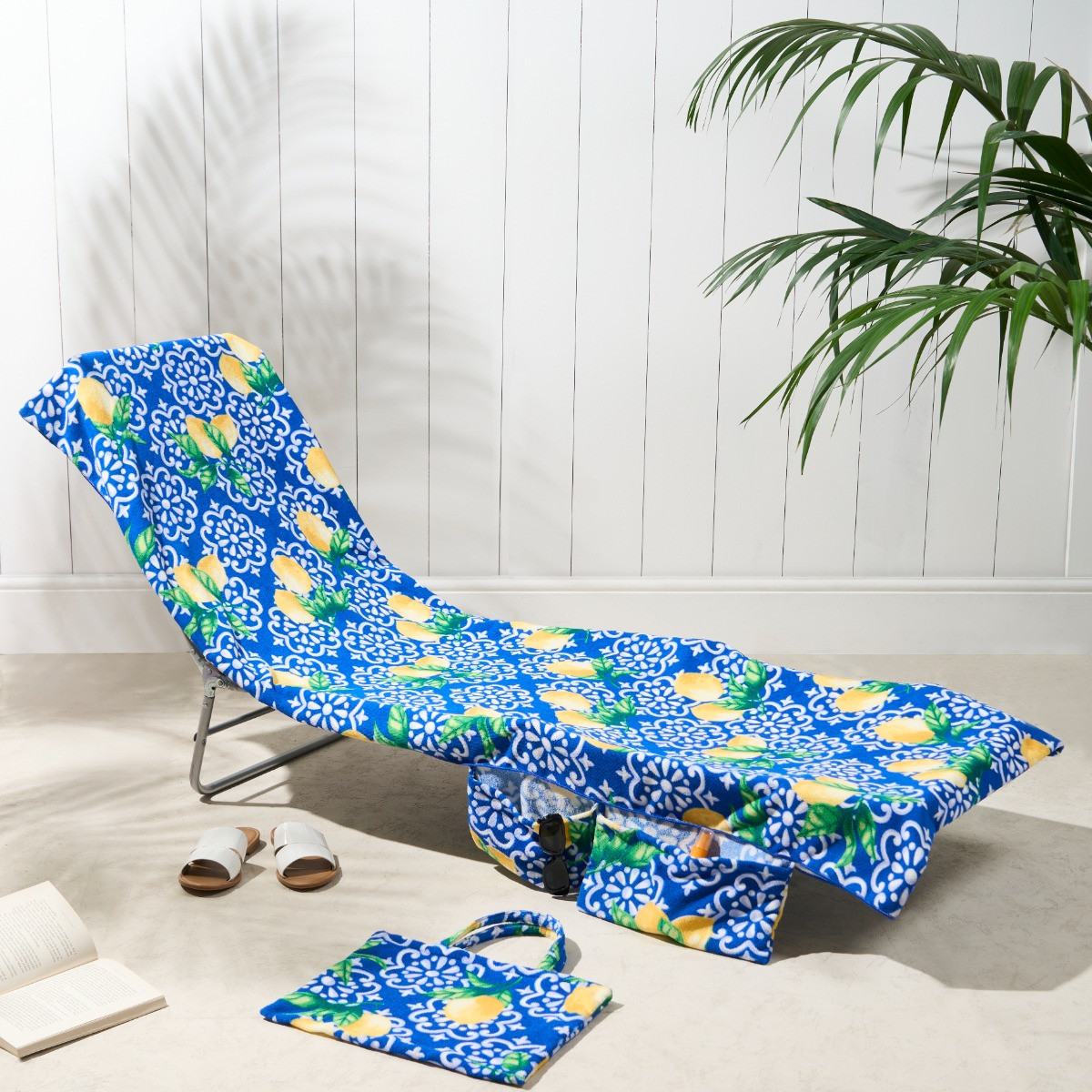 OHS Lemon Tile Print Beach Towel in a Bag - Blue/White>