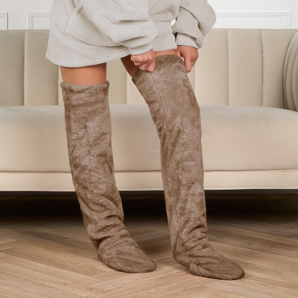 OHS Over The Knee Teddy Slipper Socks - Mink Brown>