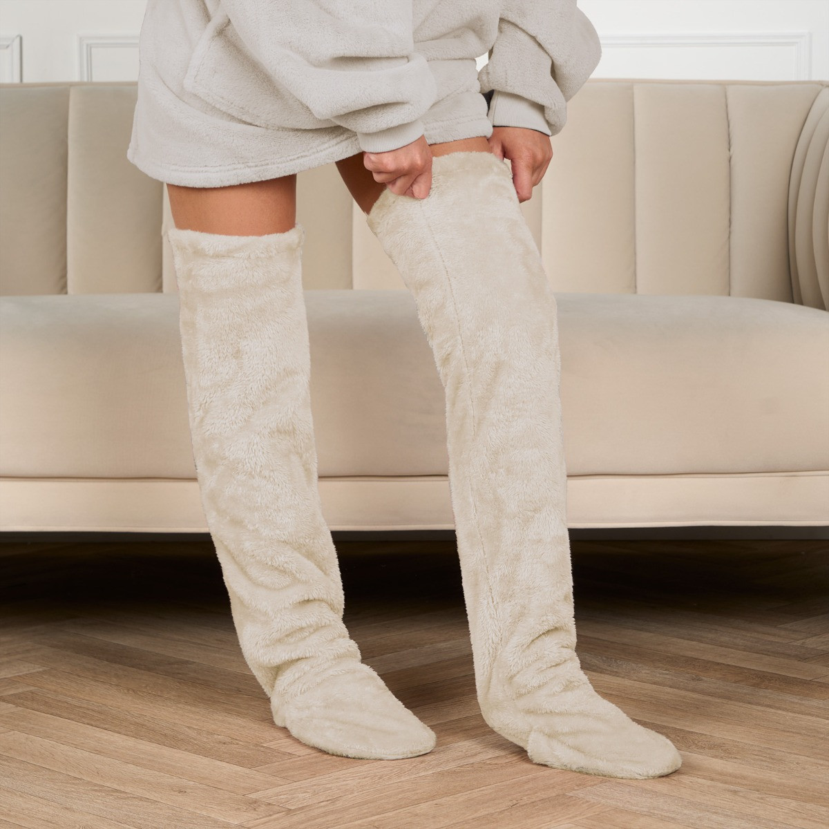 OHS Over The Knee Teddy Slipper Socks - Cream>