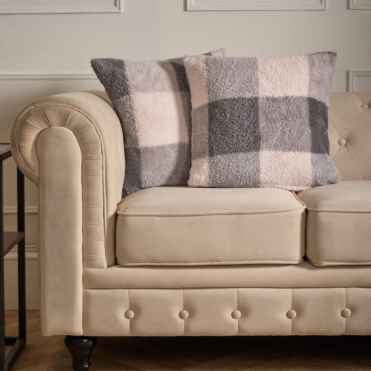 OHS Gingham Check Teddy Cushion Covers - Grey>