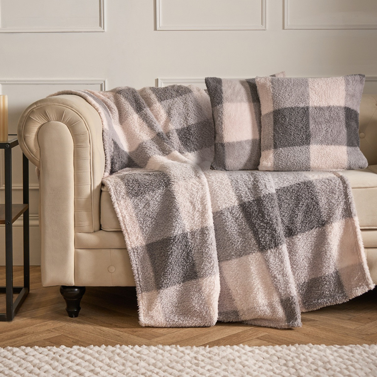 OHS Gingham Check Teddy Cushion Covers - Grey>