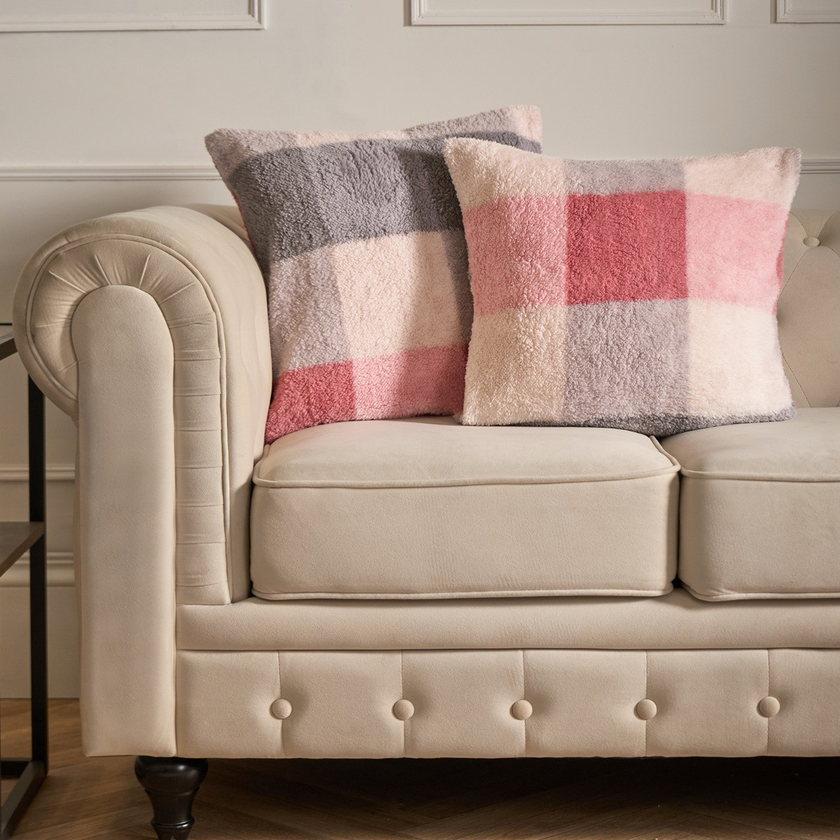 OHS Gingham Check Teddy Cushion Covers - Blush>