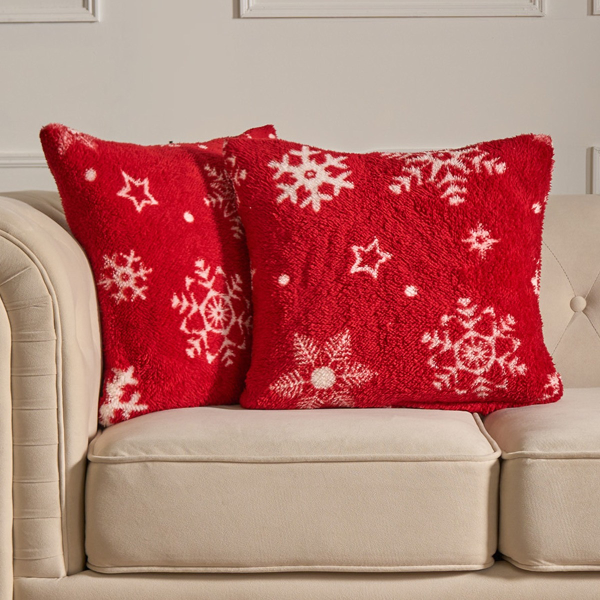 OHS Snowflake Print Teddy Cushion Covers - Red>