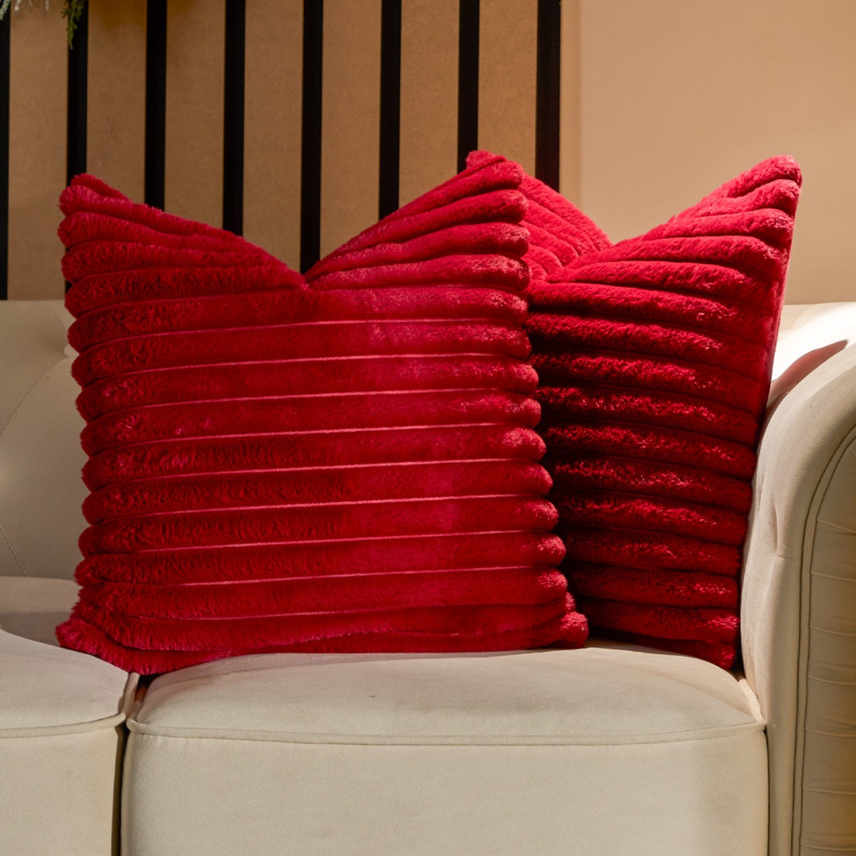 OHS Faux Fur Thick Ribbed Cushion Covers - Red>