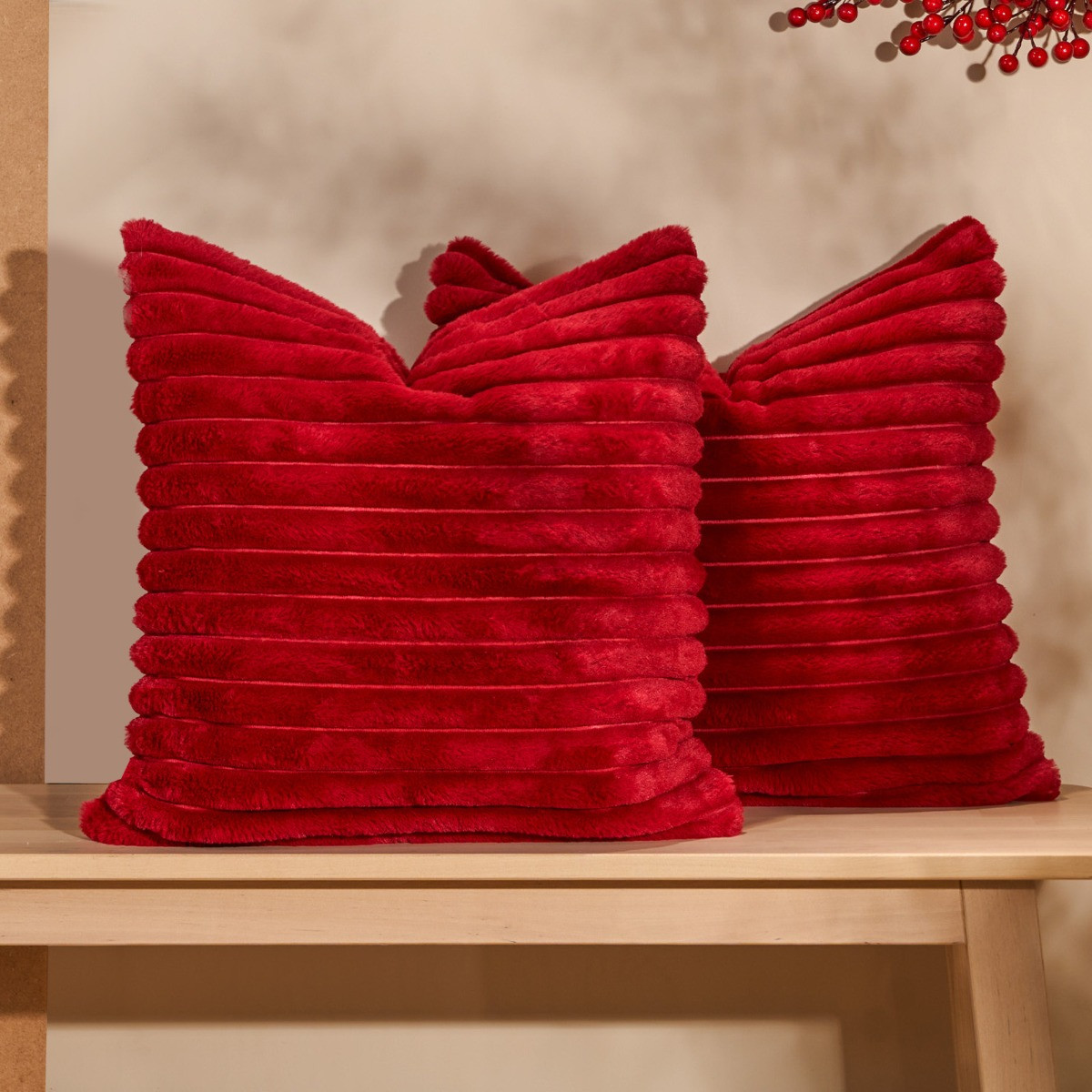 OHS Faux Fur Thick Ribbed Cushion Covers - Red>