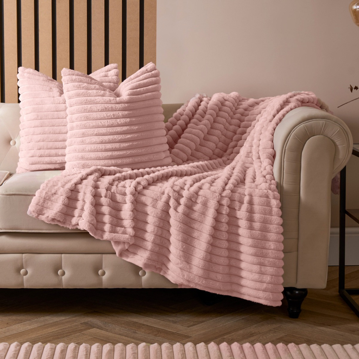 OHS Faux Fur Thick Ribbed Cushion Covers - Blush>