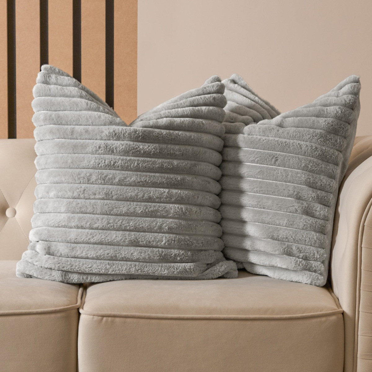 OHS Faux Fur Thick Ribbed Cushion Covers Grey