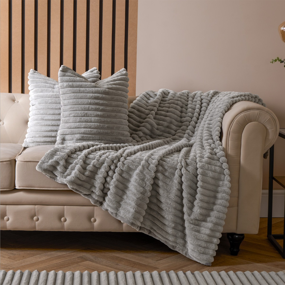 OHS Faux Fur Thick Ribbed Cushion Covers - Grey>