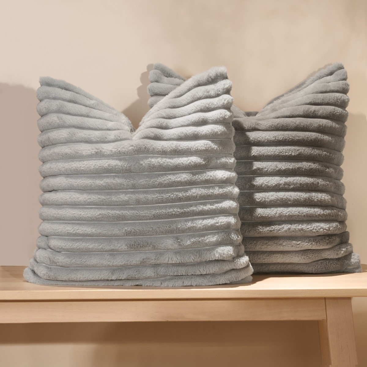 OHS Faux Fur Thick Ribbed Cushion Covers - Grey>