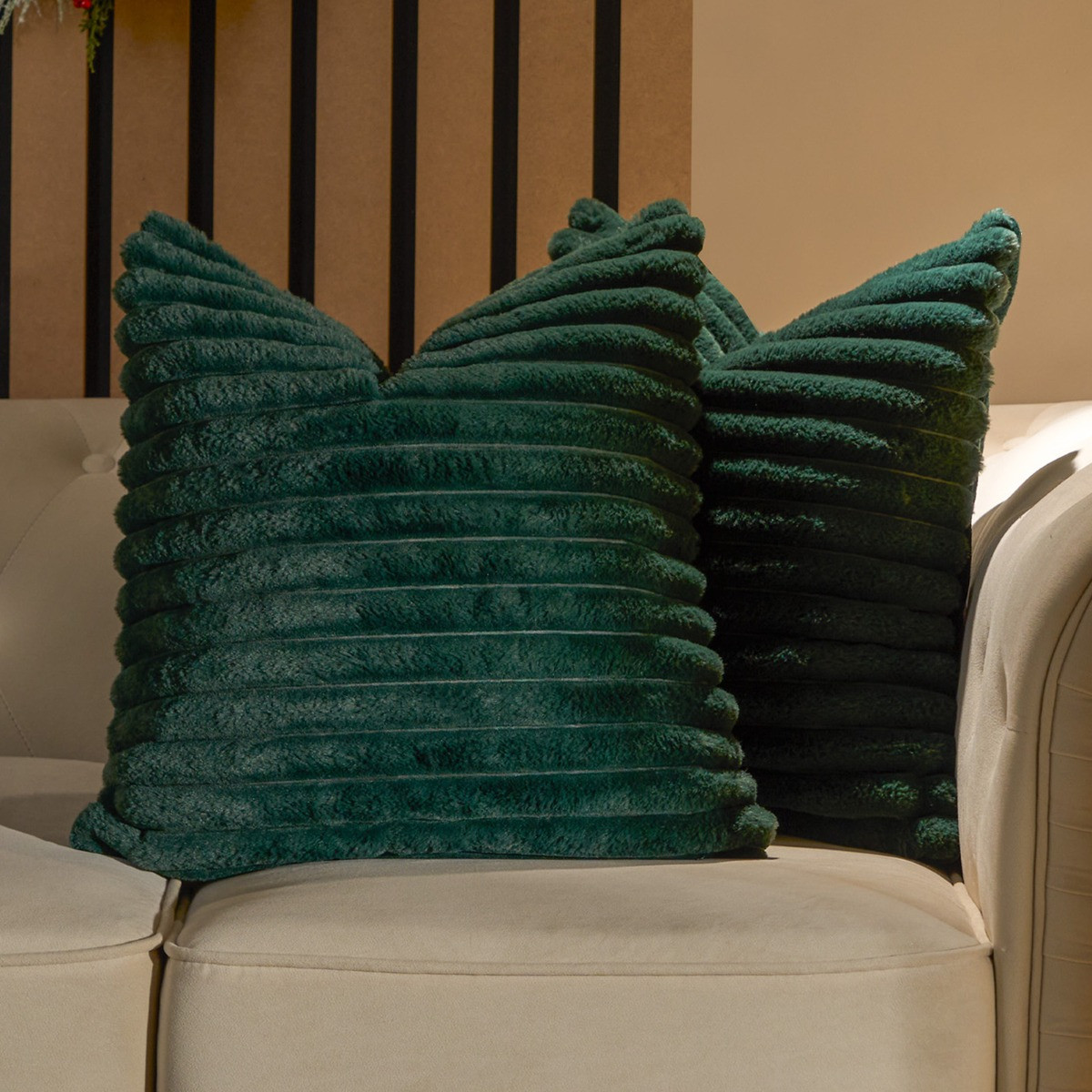 OHS Faux Fur Thick Ribbed Cushion Covers - Green>