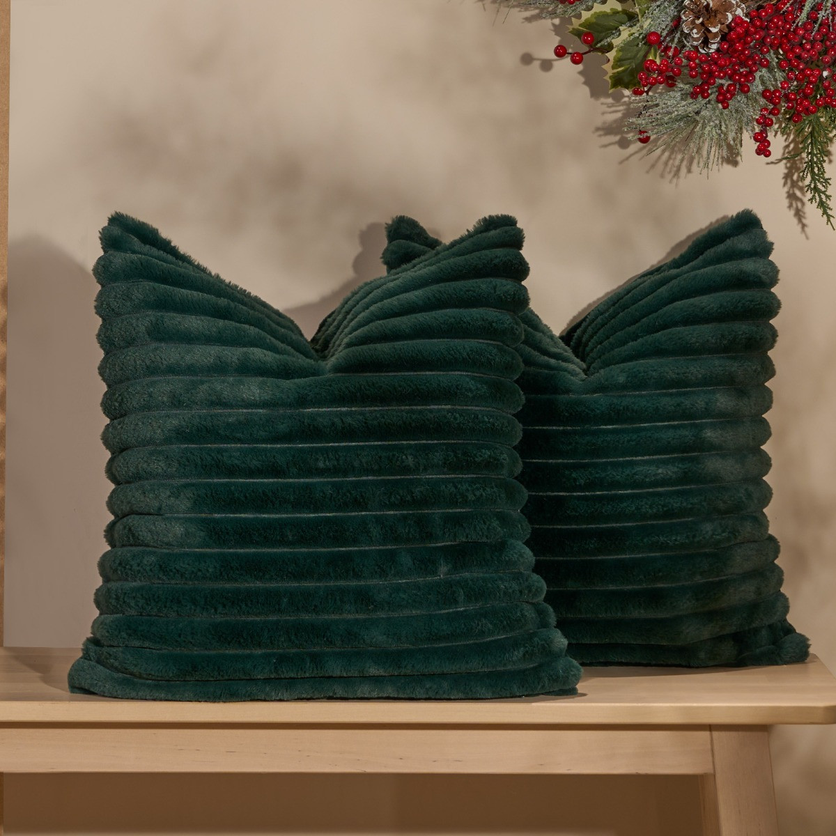 OHS Faux Fur Thick Ribbed Cushion Covers - Green>