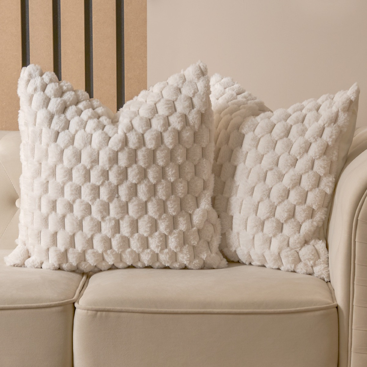 OHS Thick Faux Fur Waffle Cushion Covers - Cream>