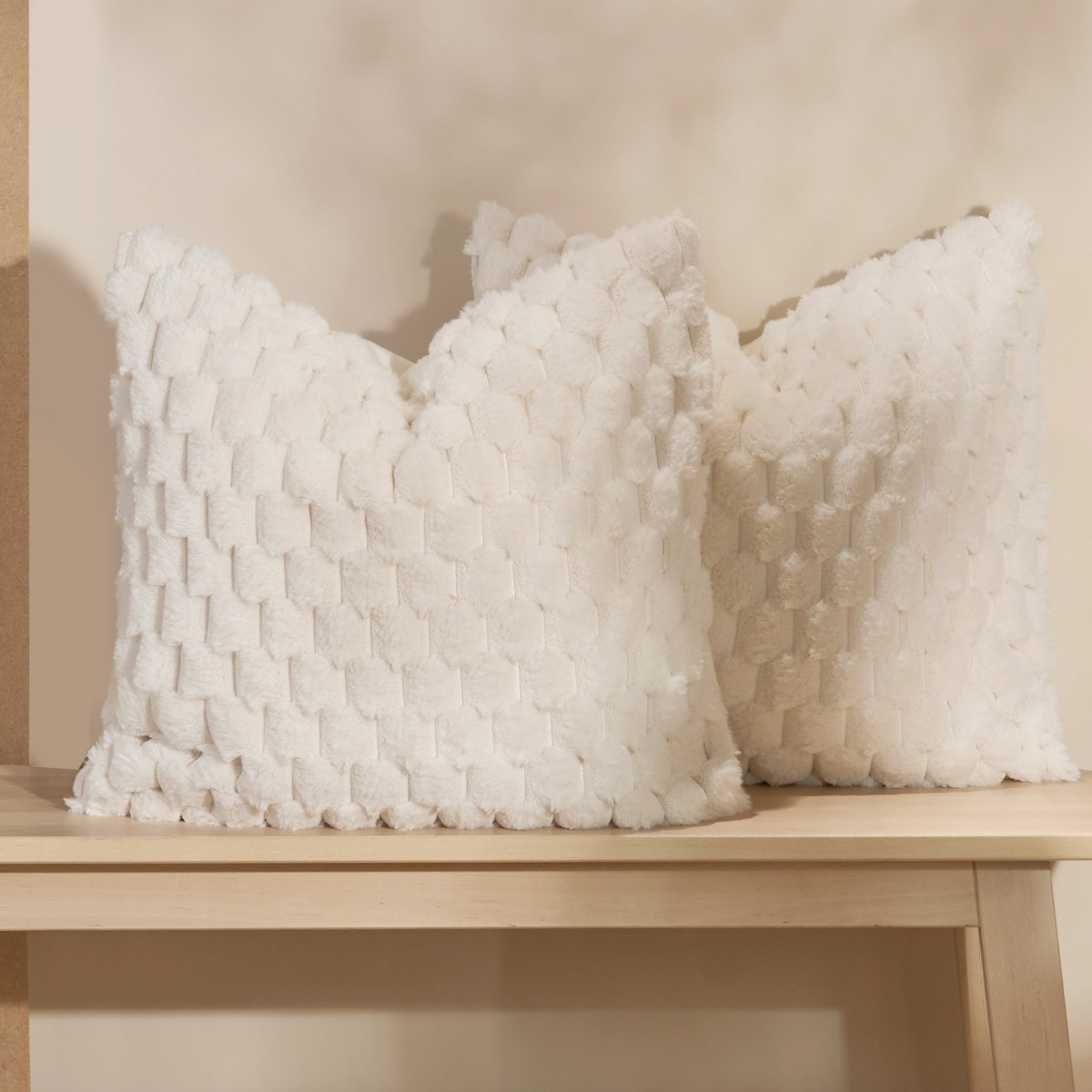 OHS Thick Faux Fur Waffle Cushion Covers - Cream>