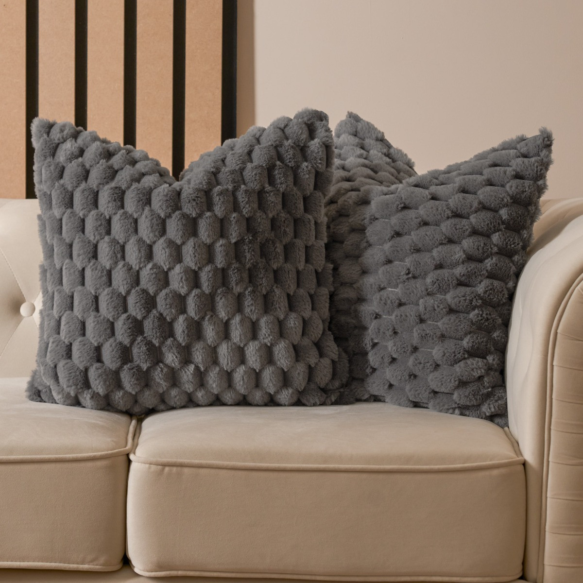 OHS Thick Faux Fur Waffle Cushion Covers - Charcoal>