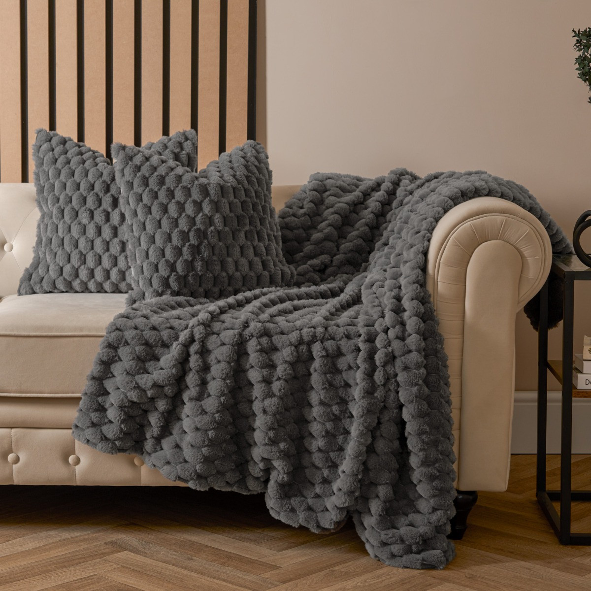 OHS Thick Faux Fur Waffle Cushion Covers - Charcoal>