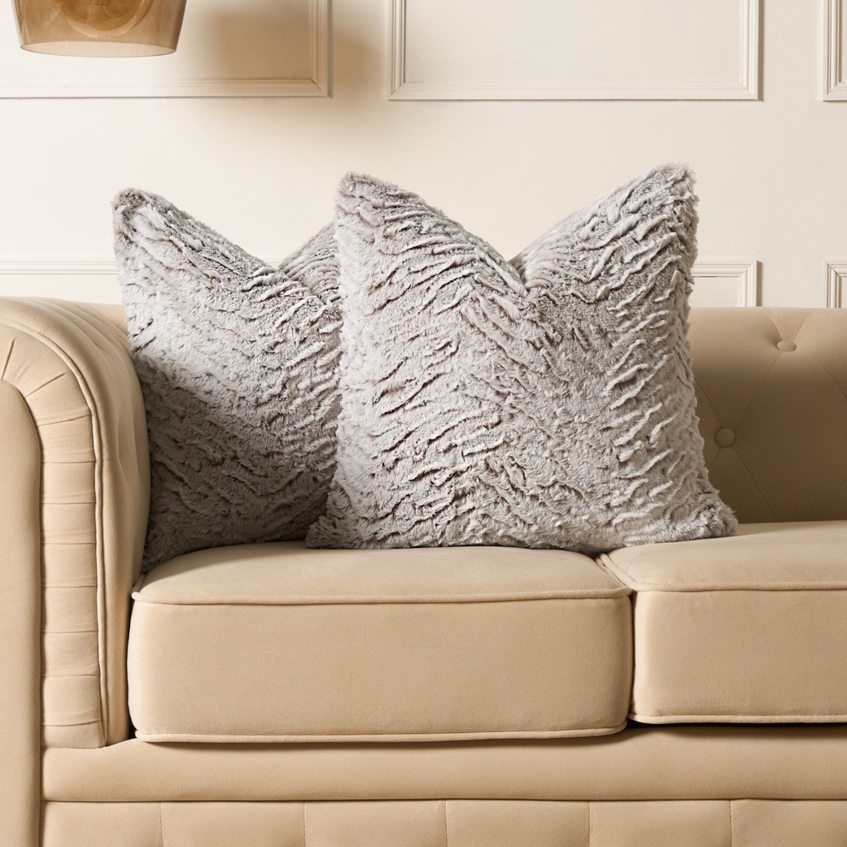 OHS Faux Fur Two Tone Cushion Covers - Natural >