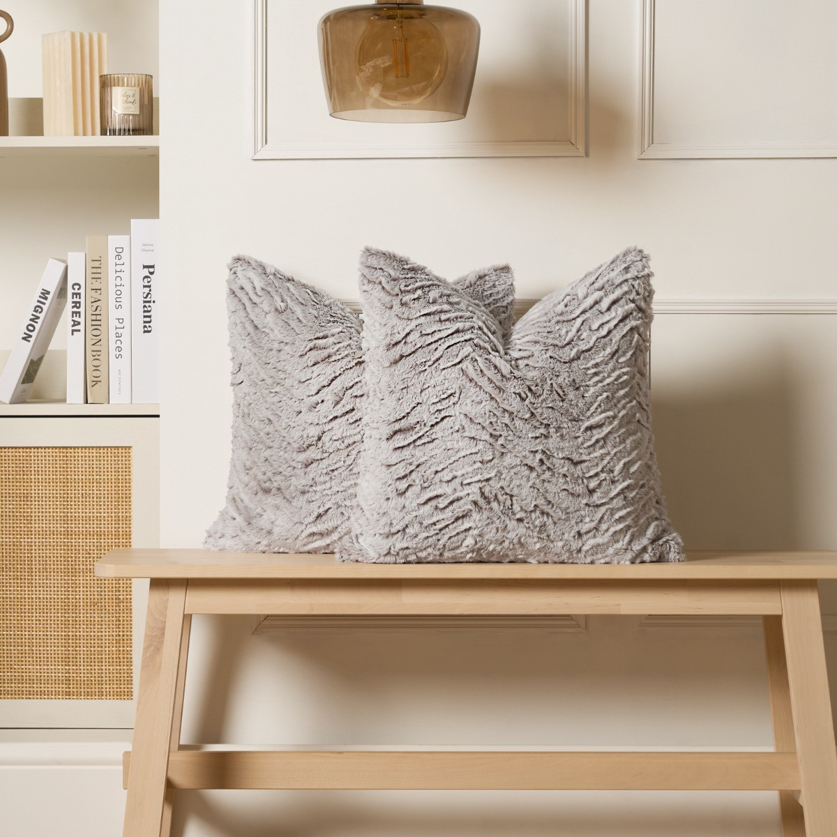 OHS Faux Fur Two Tone Cushion Covers - Natural >