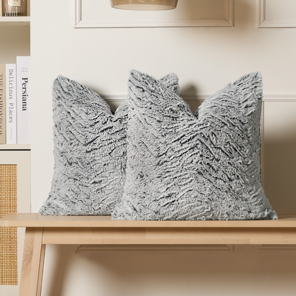 OHS Faux Fur Two Tone Cushion Covers - Grey>