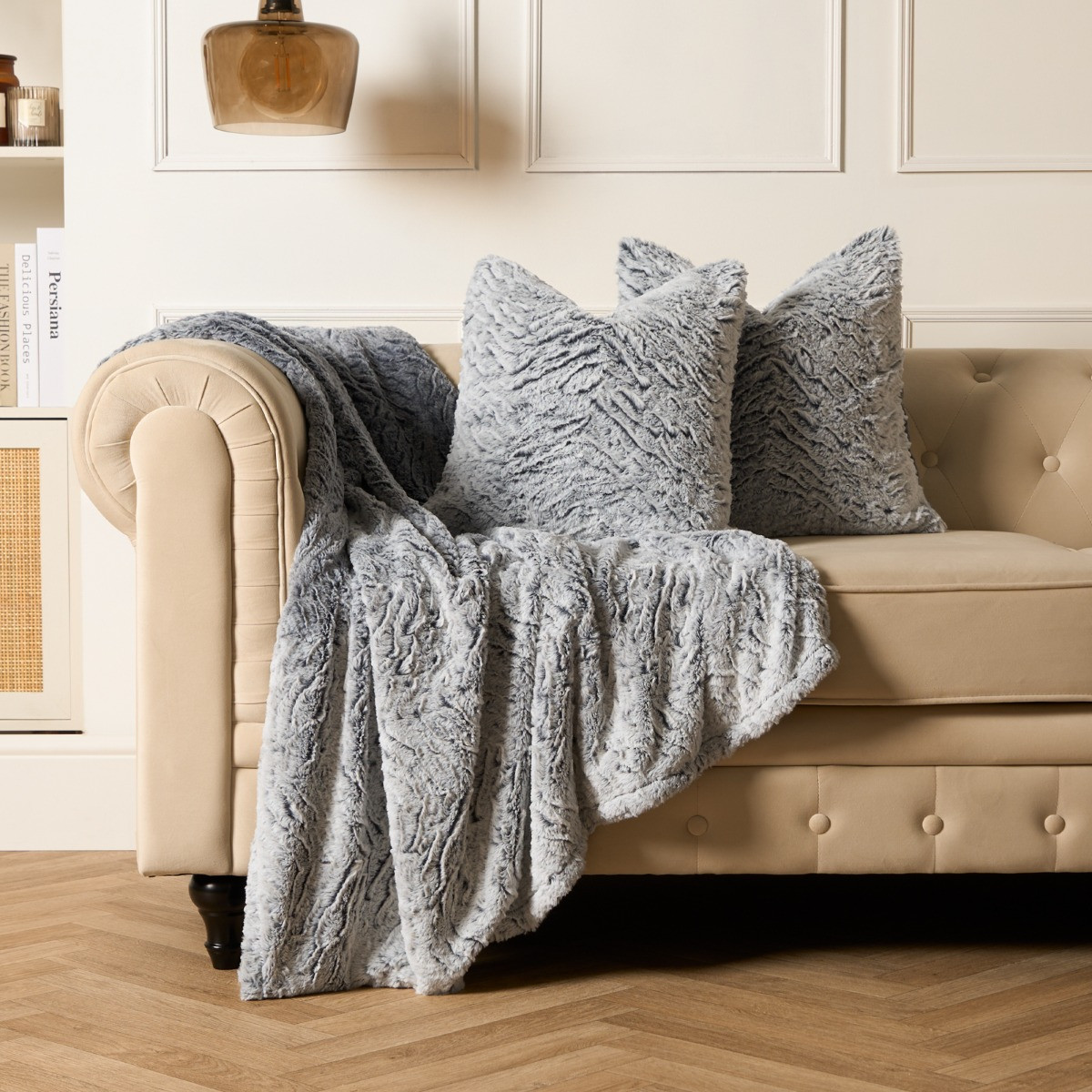 OHS Faux Fur Two Tone Cushion Covers - Grey>