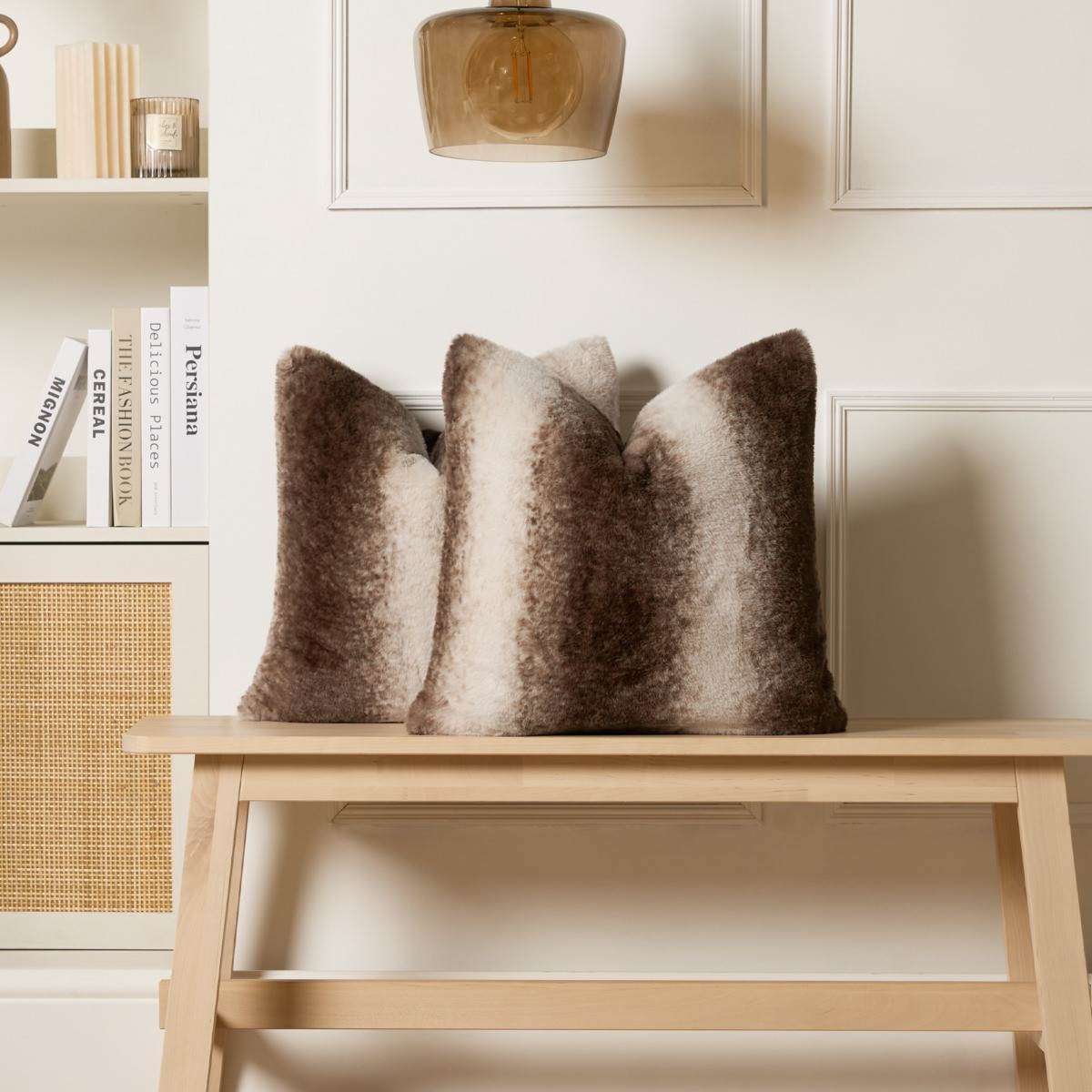 OHS Stripe Faux Fur Cushion Covers - Brown>