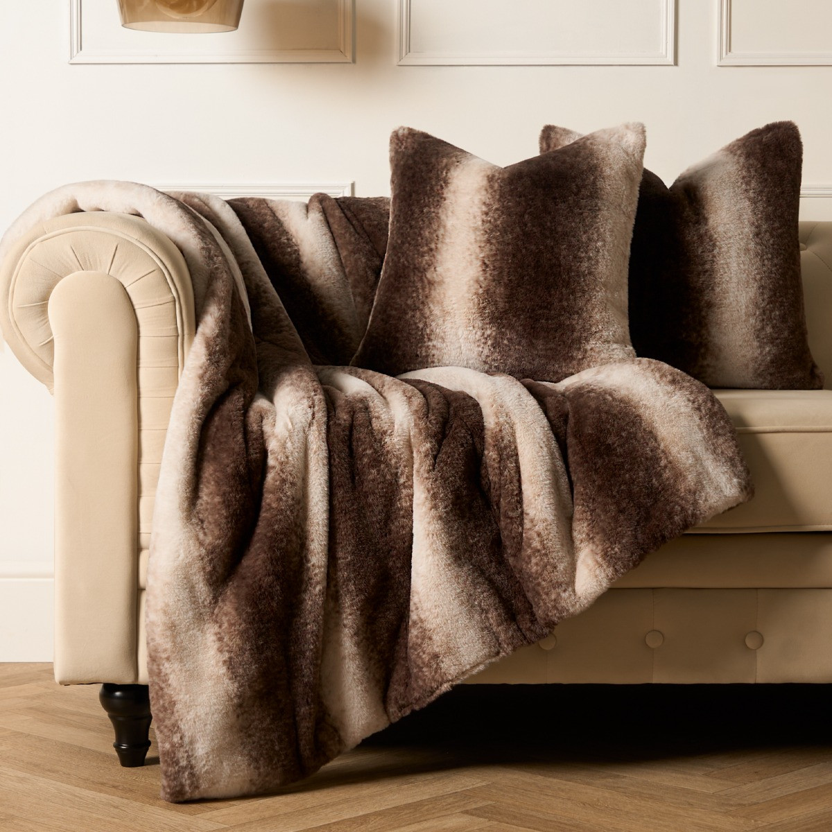 OHS Stripe Faux Fur Cushion Covers - Brown>