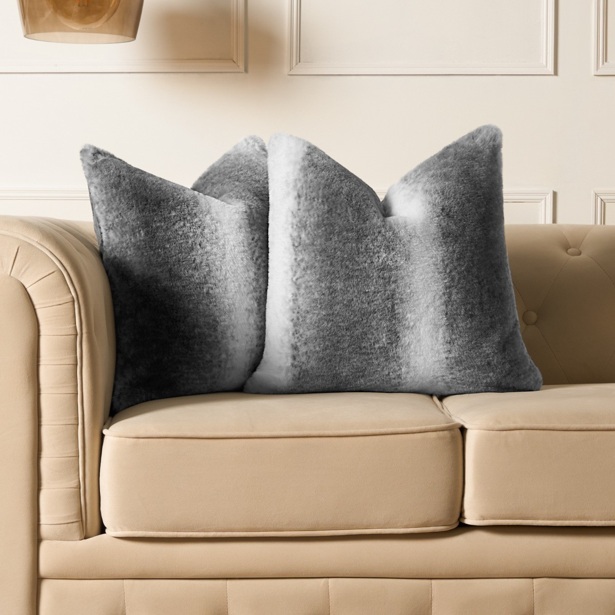 OHS Stripe Faux Fur Cushion Covers - Grey >