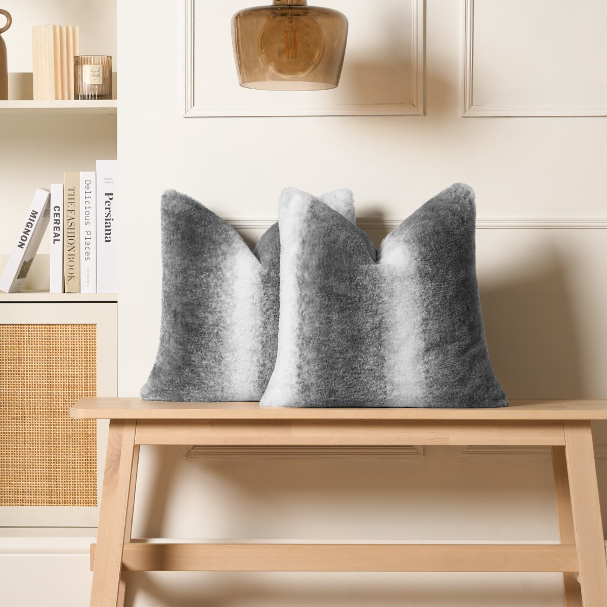 OHS Stripe Faux Fur Cushion Covers - Grey >