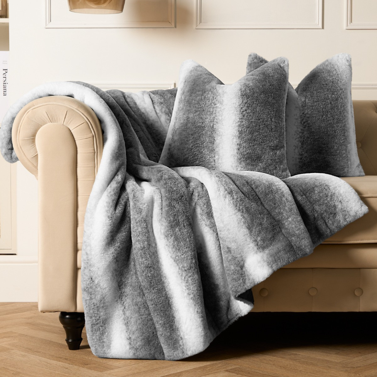 OHS Stripe Faux Fur Cushion Covers - Grey >