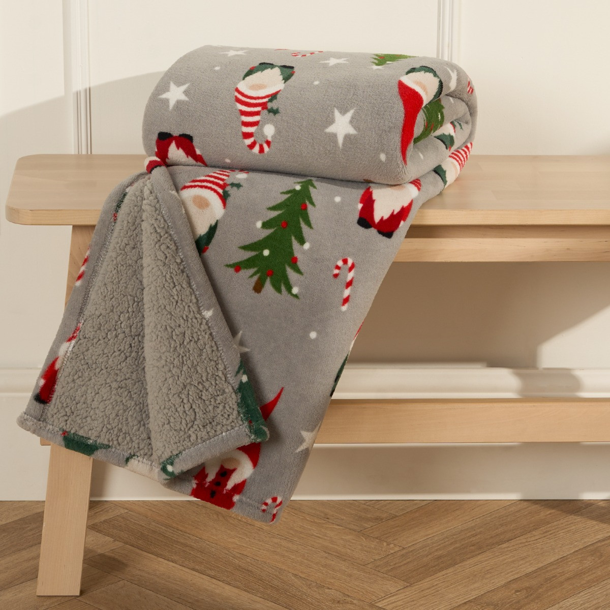 OHS Christmas Gonk Printed Throw - Grey >