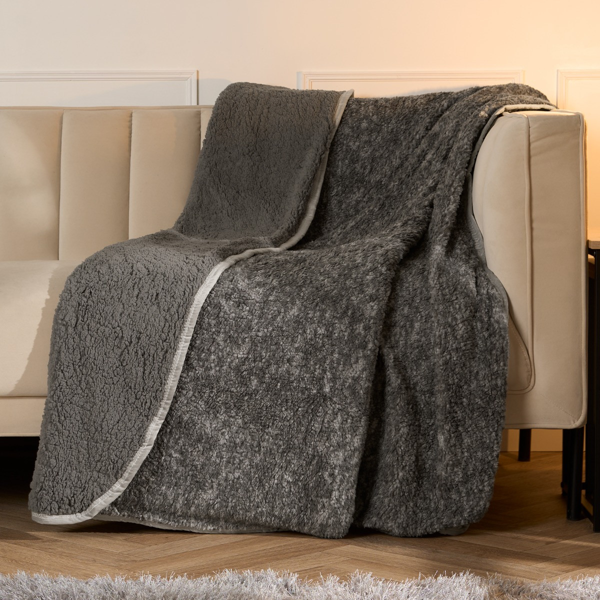 OHS Teddy Marl Binded Throw - Charcoal>