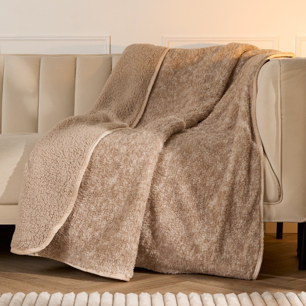 OHS Teddy Marl Binded Throw - Natural>