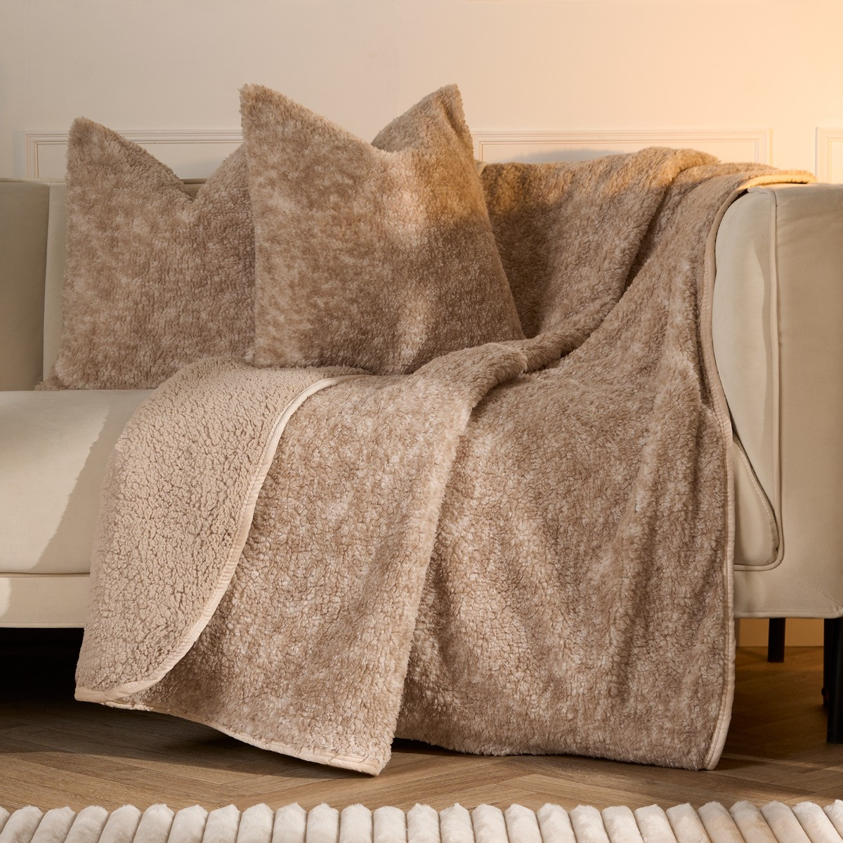 OHS Teddy Marl Binded Throw - Natural>