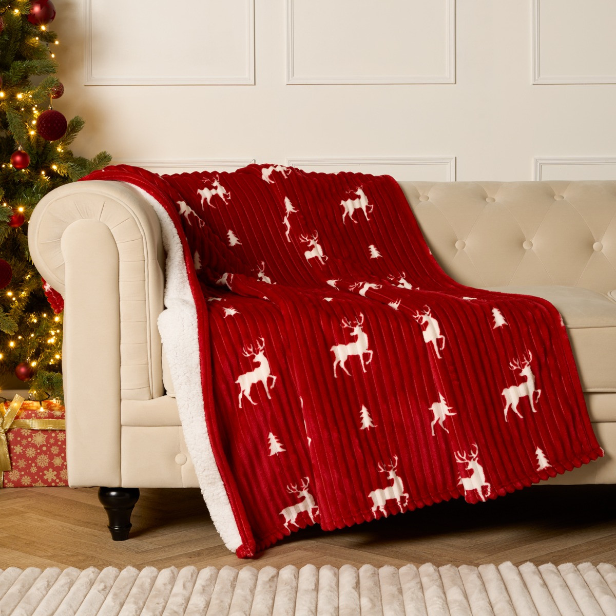 OHS Ribbed Stag Throw Sherpa Reverse - Red>