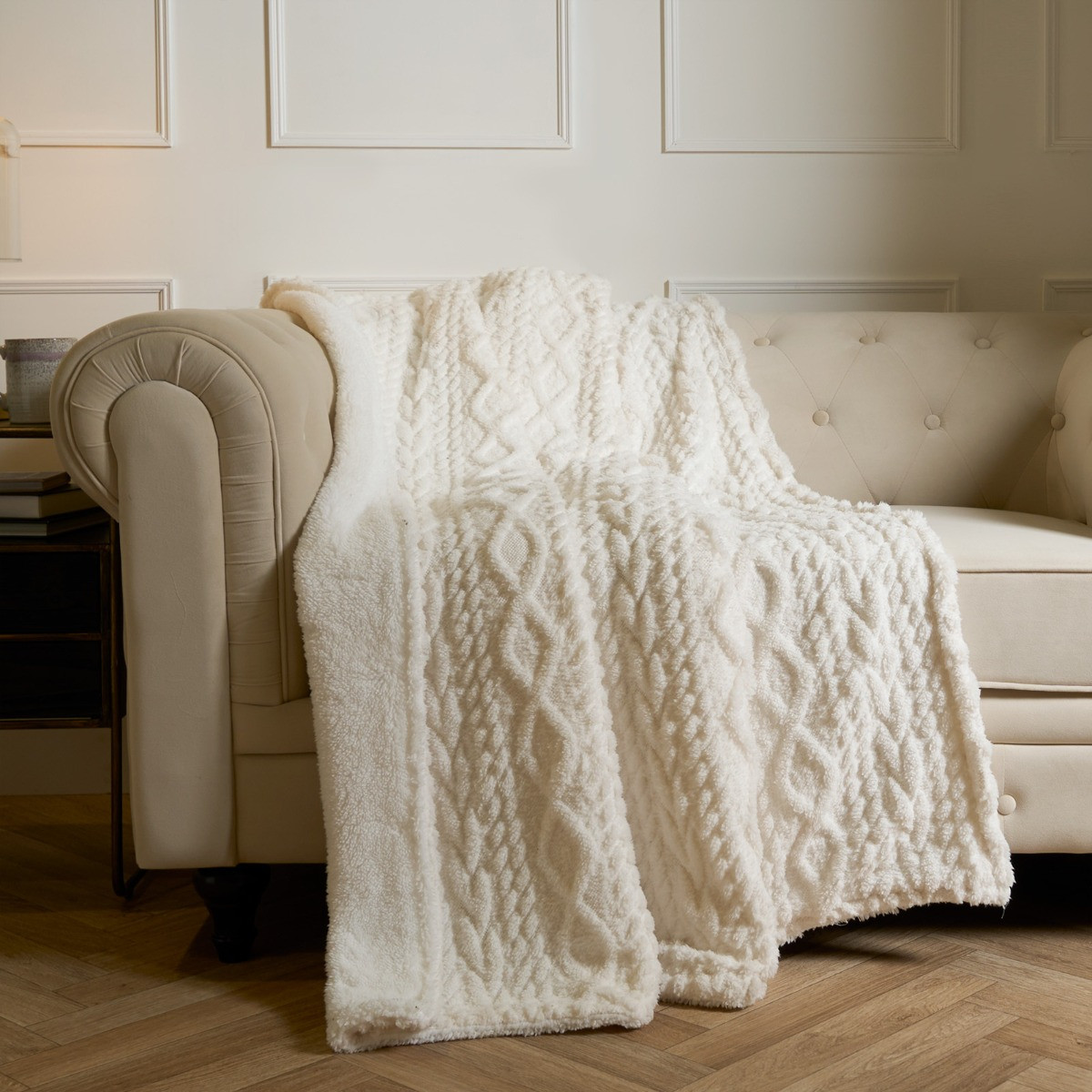 OHS Cable Knit Sherpa Throw - Cream>