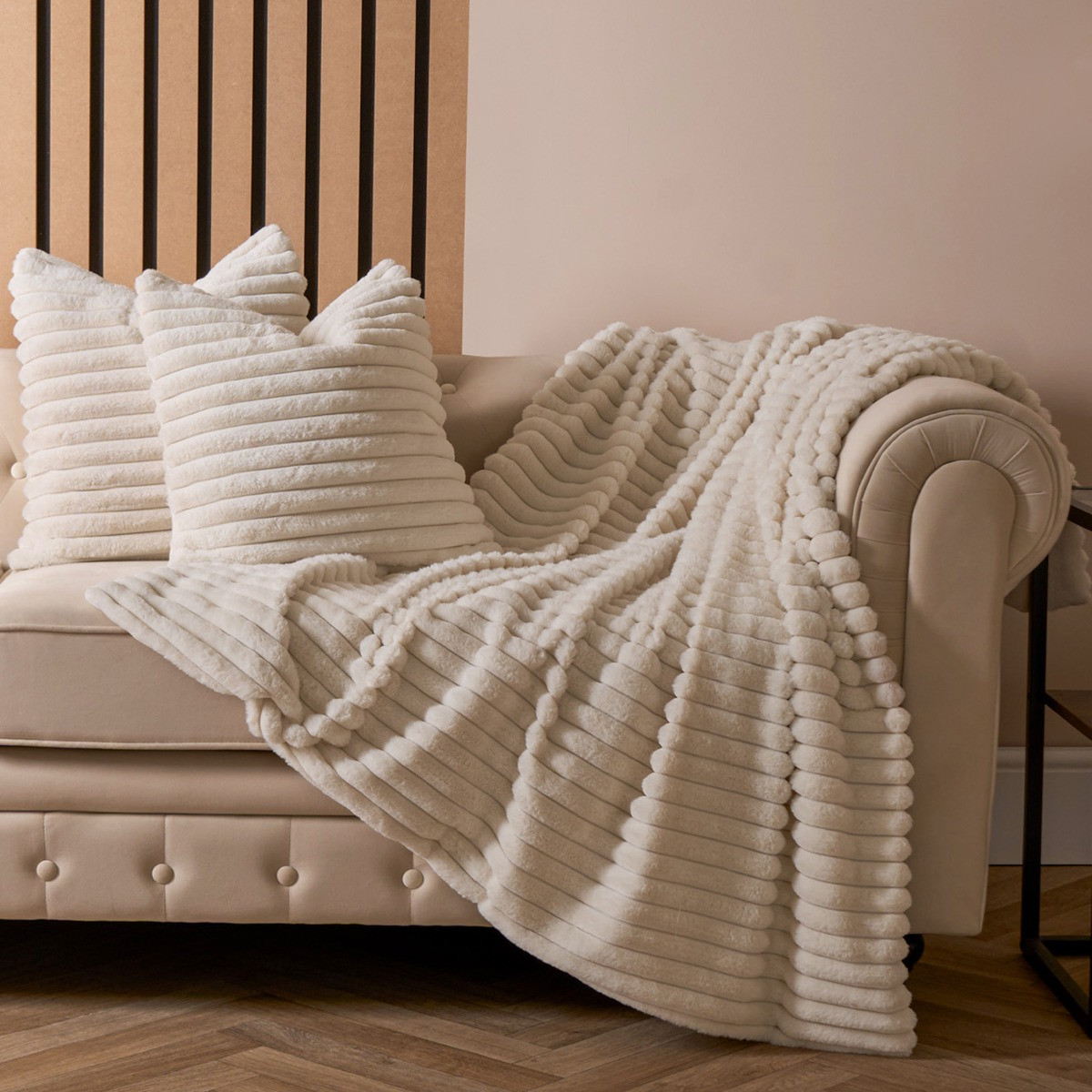 OHS Faux Fur Thick Ribbed Throw - Natural >