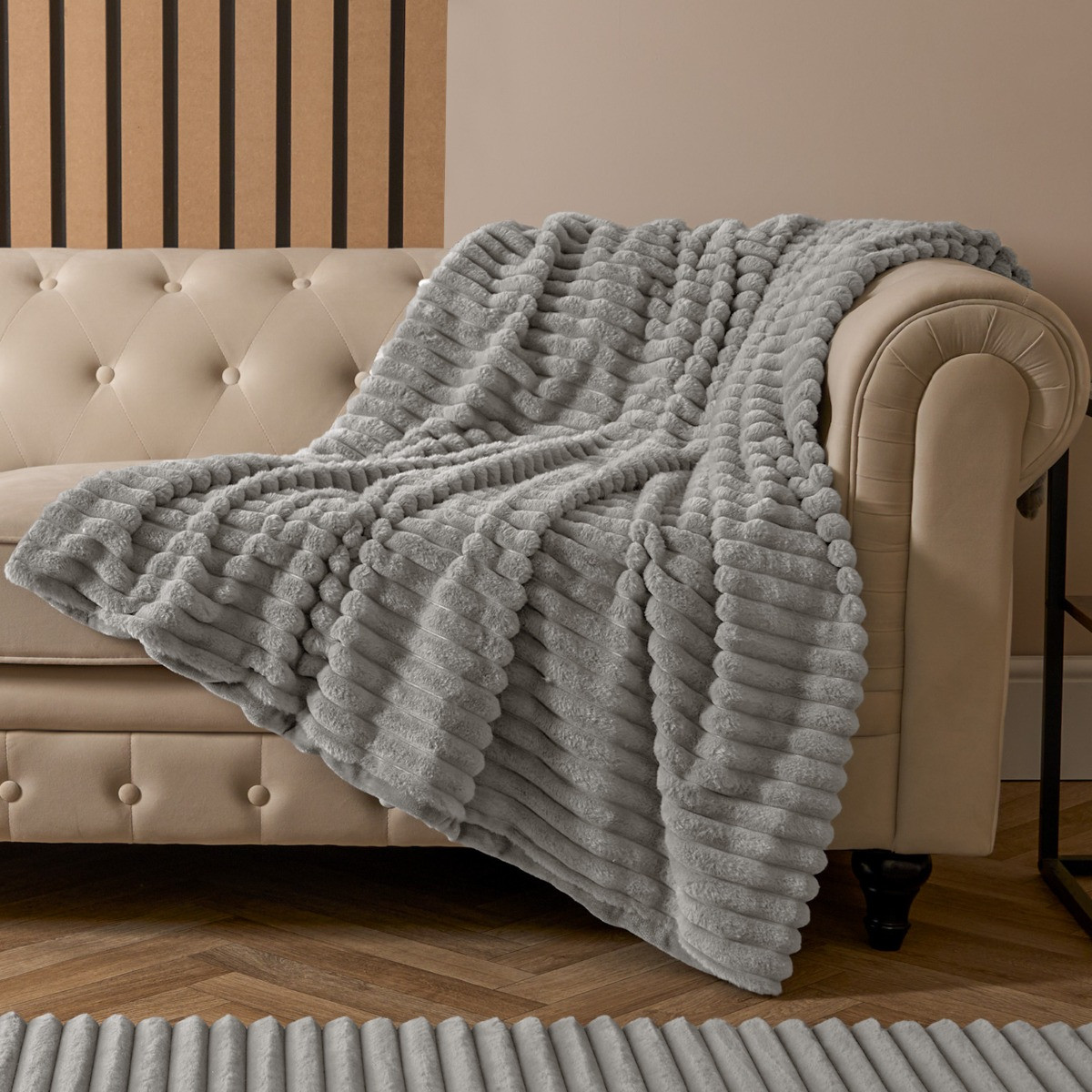 OHS Faux Fur Thick Ribbed Throw - Grey>