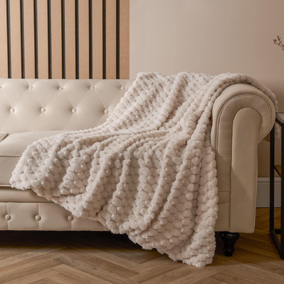 OHS Thick Faux Fur Waffle Throw - Cream>