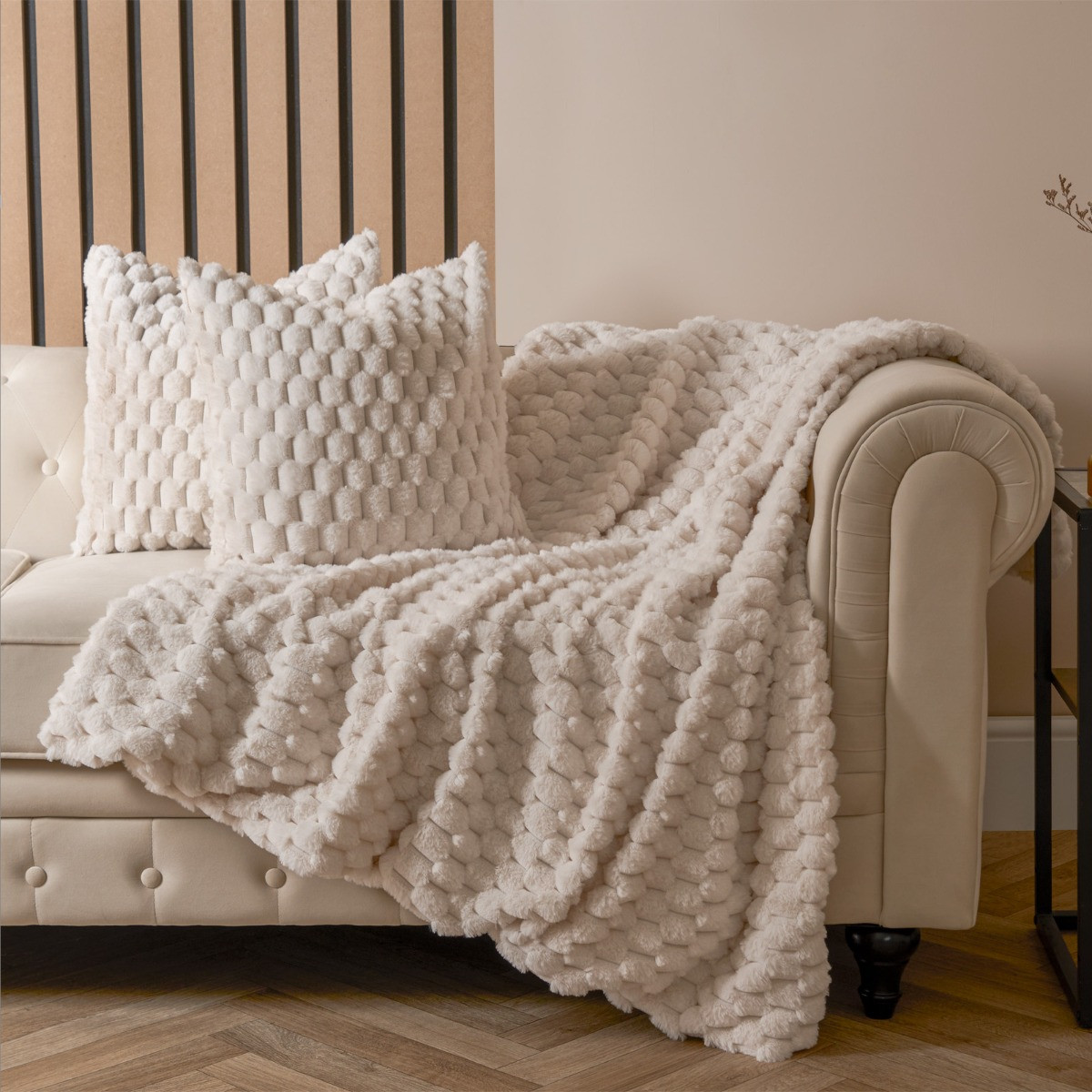 OHS Thick Faux Fur Waffle Throw - Cream>