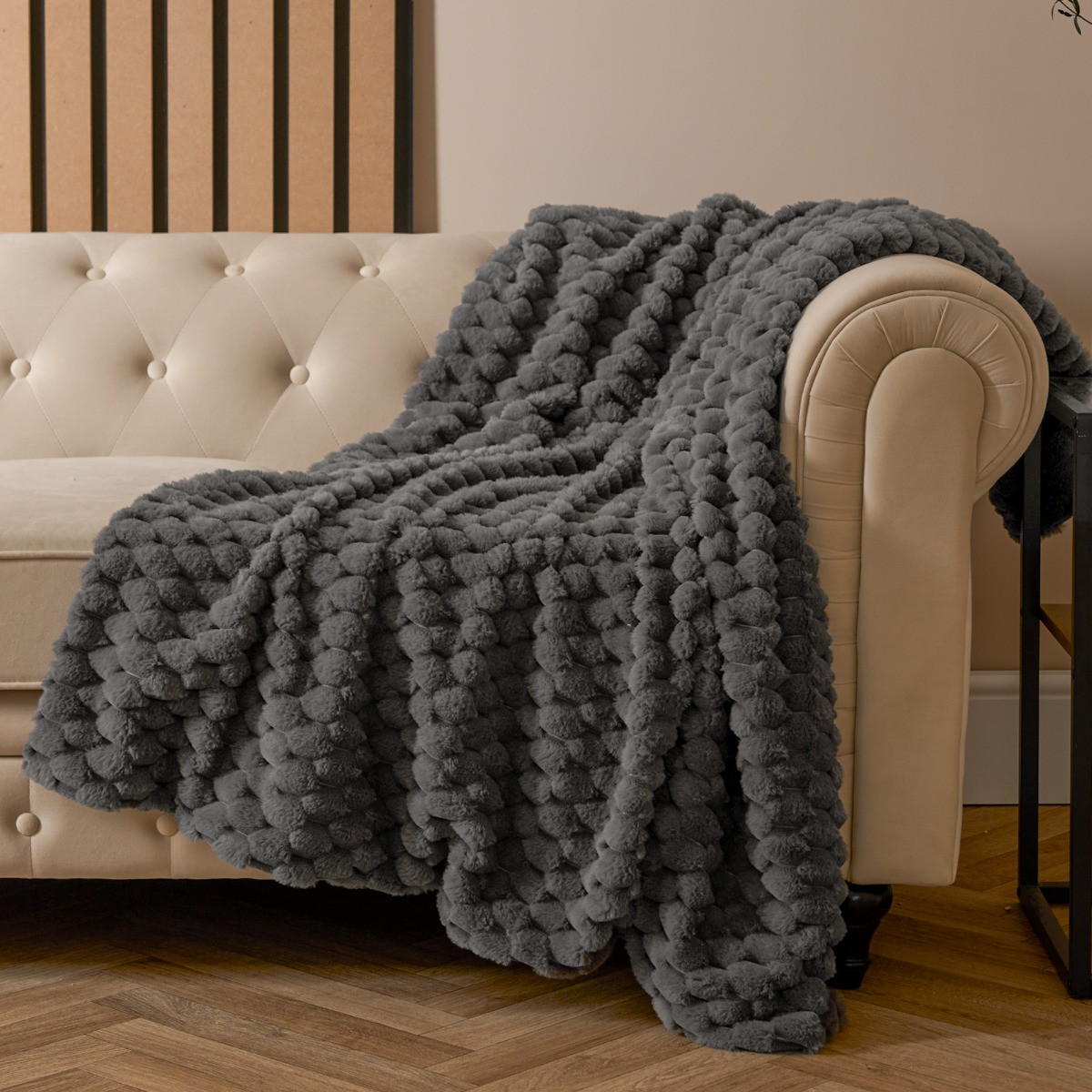 OHS Thick Faux Fur Waffle Throw - Charcoal>