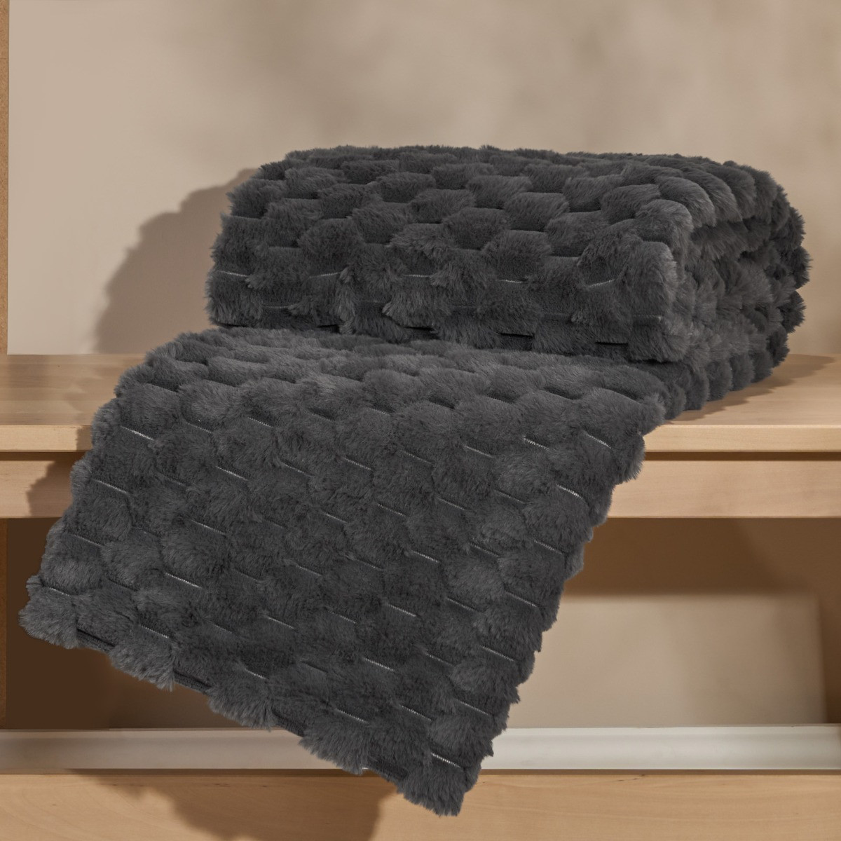 OHS Thick Faux Fur Waffle Throw - Charcoal>