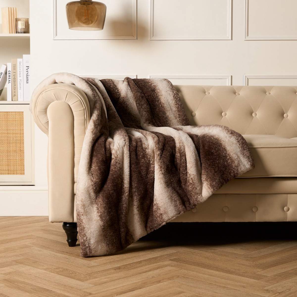 OHS Faux Fur Stripe Throw - Brown>