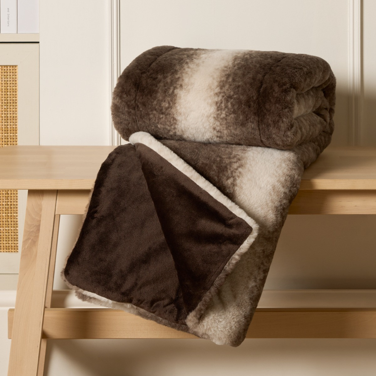 OHS Faux Fur Stripe Throw - Brown>