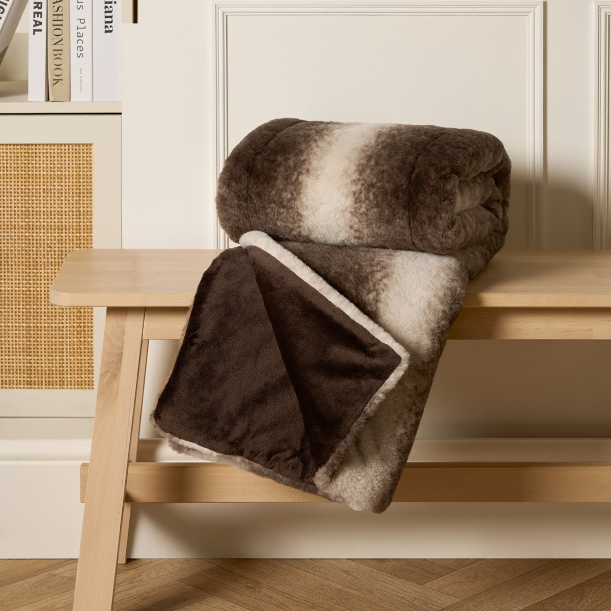 OHS Faux Fur Stripe Throw - Brown>